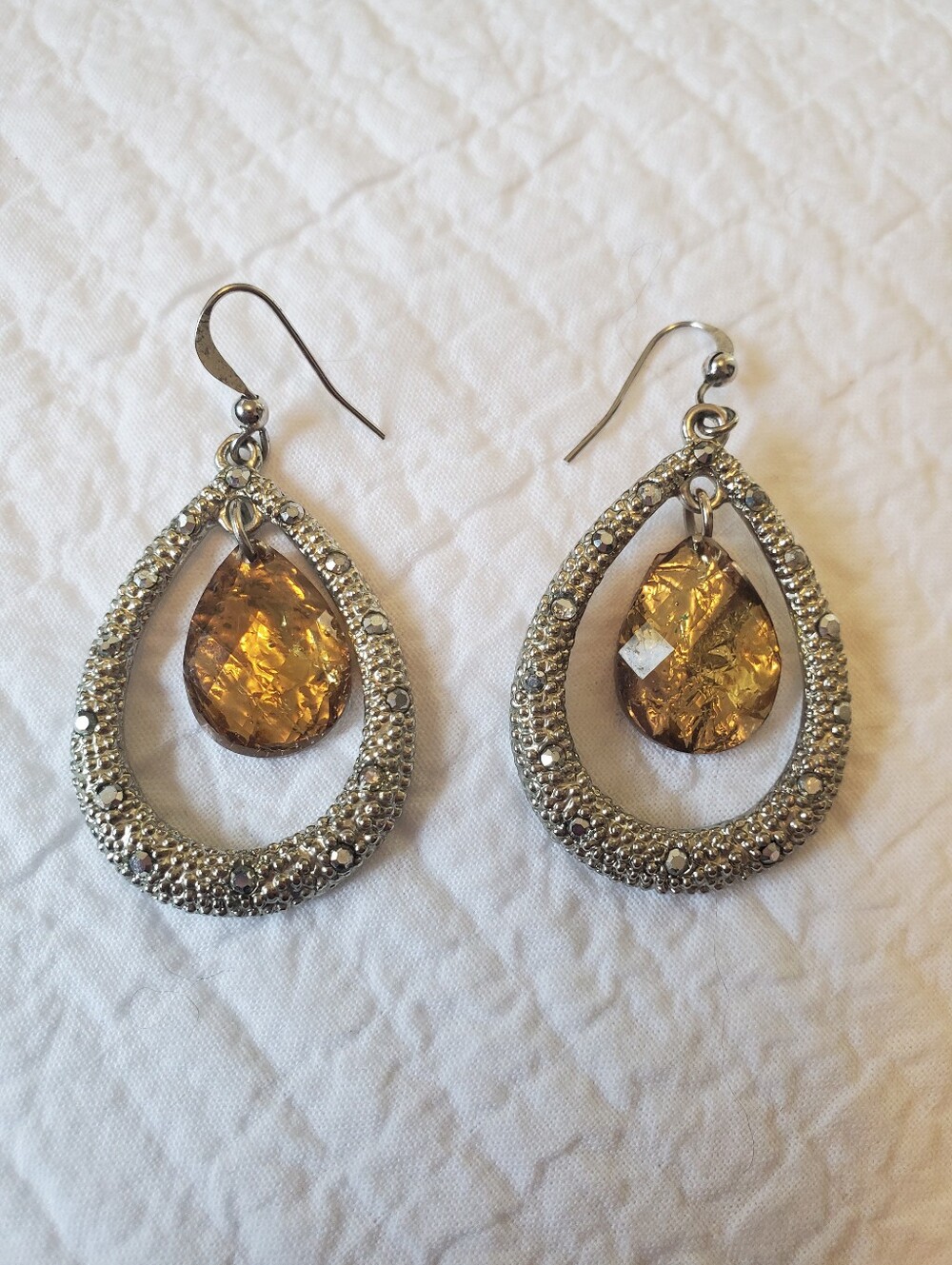 Teardrop Crystal Drop Earrings with Silver Pavé Frame And Yellow, Gold Toned Gem